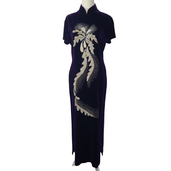 Vintage Y2K 90s Dark Purple Velvet Embellished Maxi Dress US 8